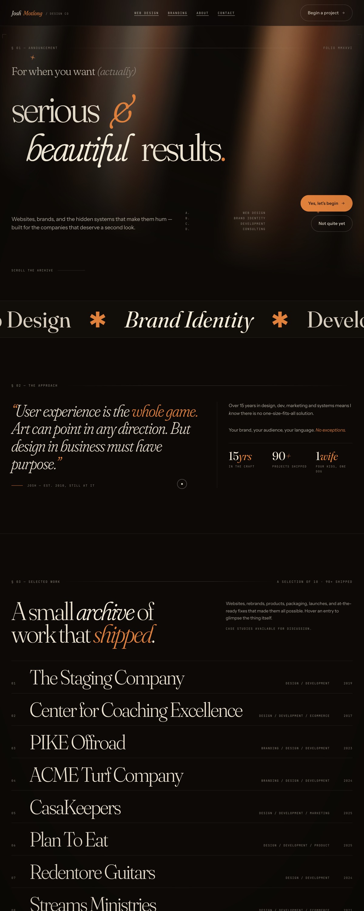 A preview of joshmotlong.design — a dark editorial portfolio